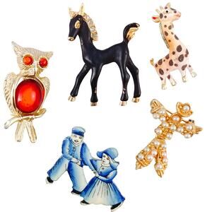 Vintage Enamel & Pearl Figural Brooch Lot - Owl, Horse, Giraffe, Clown, Dutch